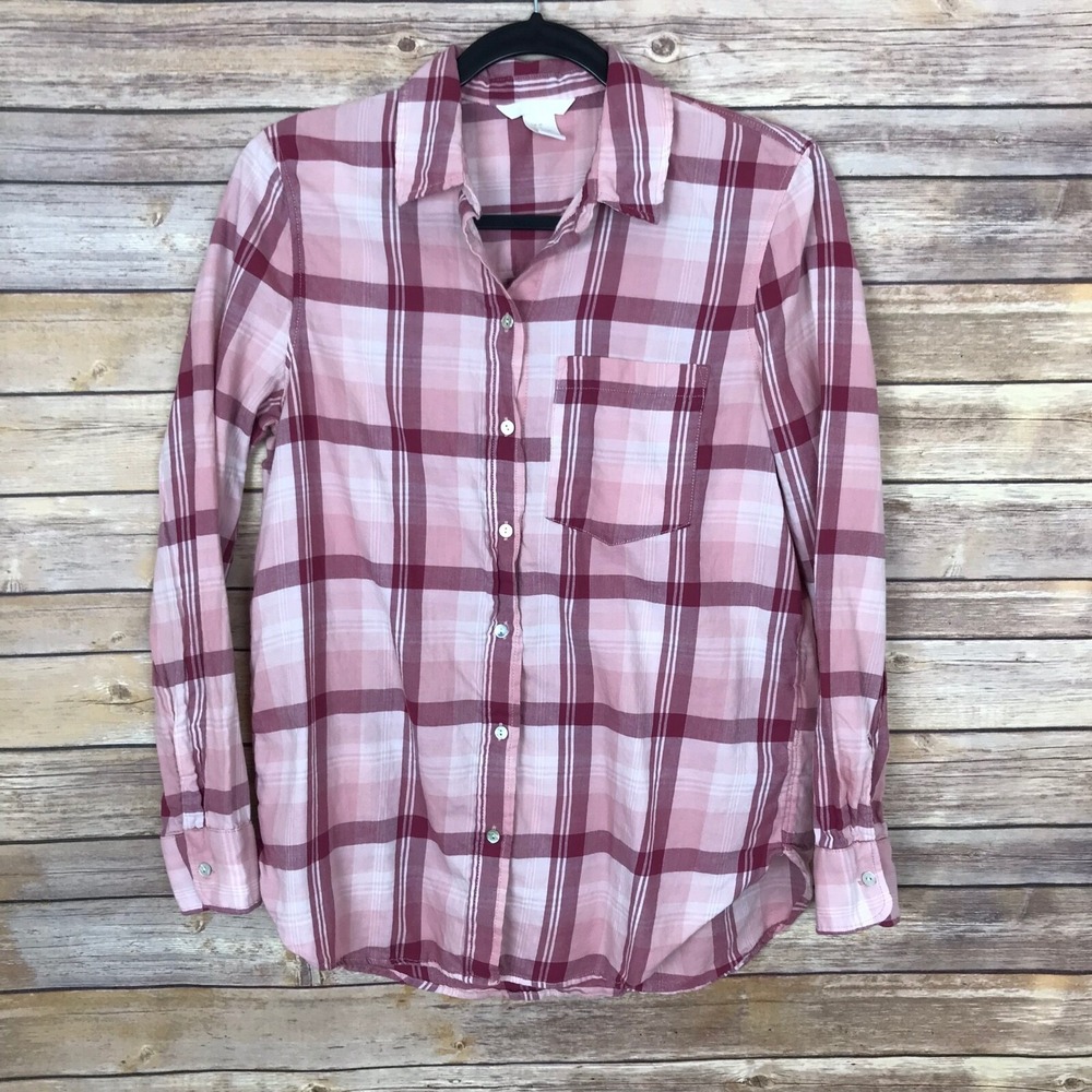 H&M Top‎ Womens 6 Pink Plaid Button Up Shirt Pockets Long Sleeve Collar Woven